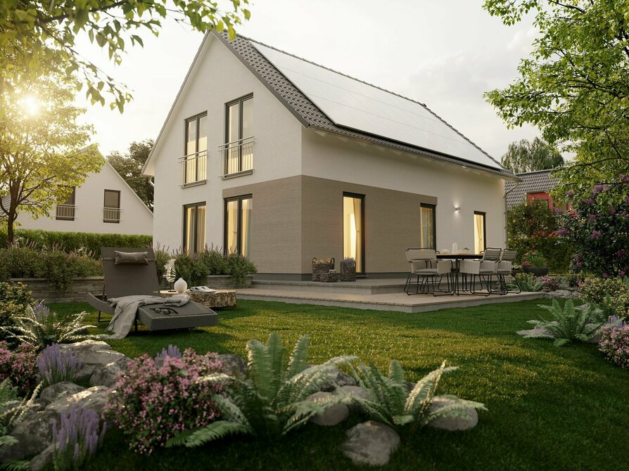 Das Einfamilienhaus Bodensee 129 Elegance bietet eine Photovoltaikanlage auf dem Dach sowie die Option eines Carports. Ein farblicher Akzent vervollständigt das stilvolle Design.