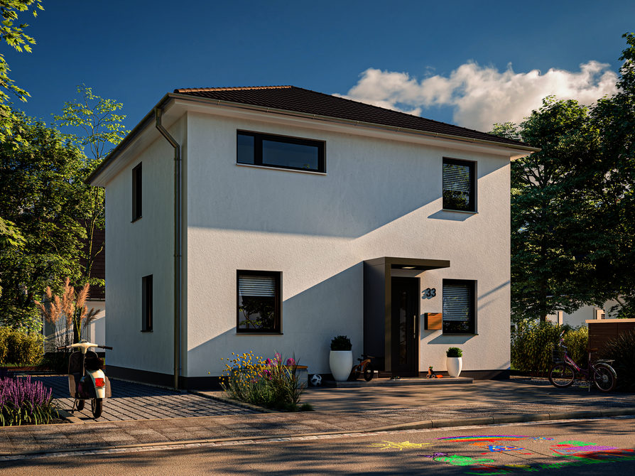 Das Stadthaus 100 mit Blick auf den Eingang und Vordach