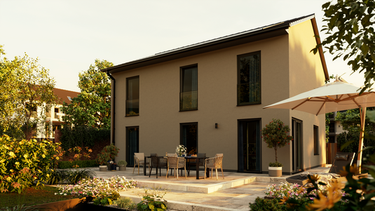 Modernes Stadthaus Flair 152 RE Novo mit offener Terrasse, stilvoller Sitzgruppe und liebevoll gestaltetem Garten