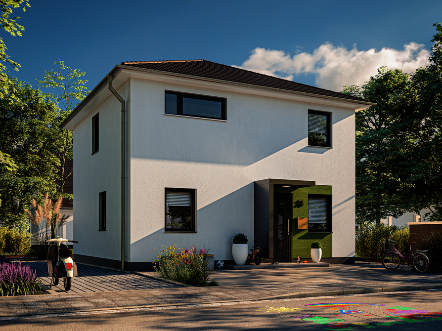 Das Stadthaus 100 mit Blick auf den Eingang mit Vordach und grünem Akzent