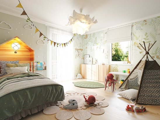 Helles Kinderzimmer mit großen Fenstern und flexibler Raumgestaltung im Stadthaus Flair 152 RE