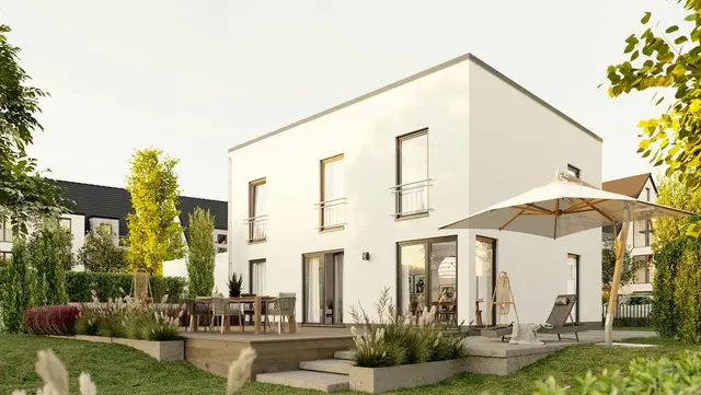 Modernes Stadthaus Flair 152 RE mit Flachdach und klaren Linien im Bauhausstil, Gartenansicht