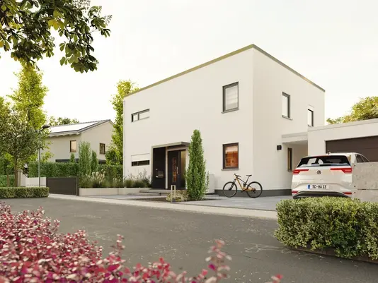 Kubische Bauform mit Flachdach und großen Fensterfronten für ein modernes, lichtdurchflutetes Stadthaus