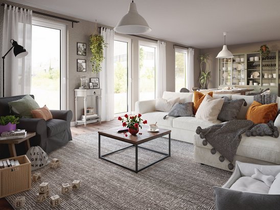 Stadtvilla 145 Innenansicht - großzügiges Wohnzimmer mit moderner Einrichtung und viel Tageslicht