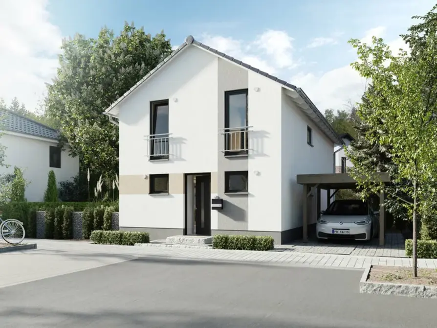 Sicht von der Straße auf das Einfamilienhaus Aura 125 in Variante Elegance