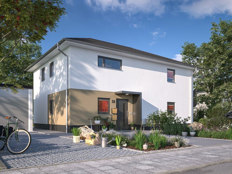 Das Flair 180 Duo mit Sicht auf das Zweifamilienhaus und einen wunderschönen Vorgarten